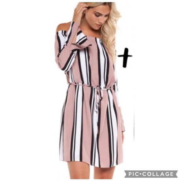 DEX Pink striped dress. Off the shoulder. Elastic waist with accent belt. - Picture 2 of 12